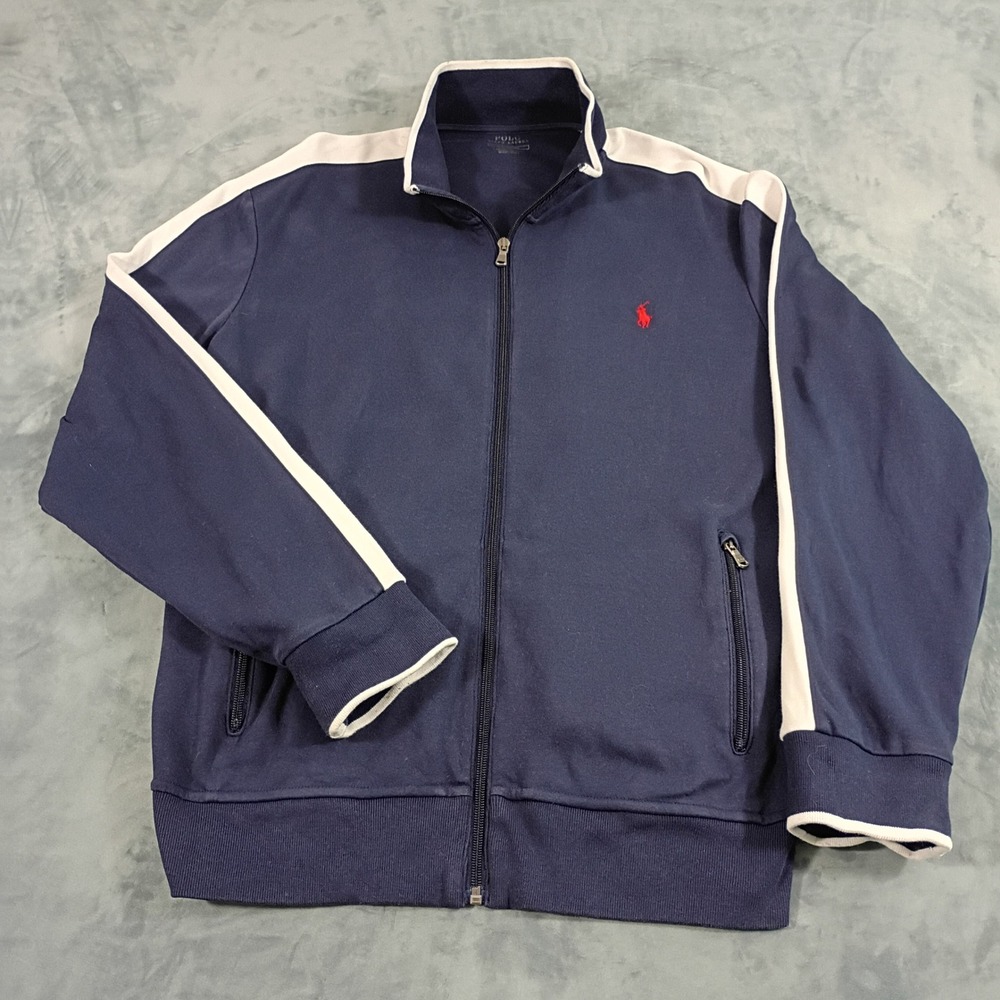 Polo Ralph Lauren Mens Navy Blue White Stripe Full Zip Track Jacket Large